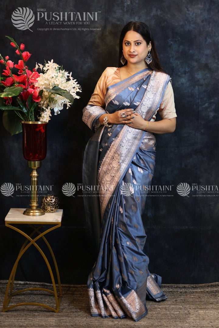Grey Banarasi Mashru Silk Saree