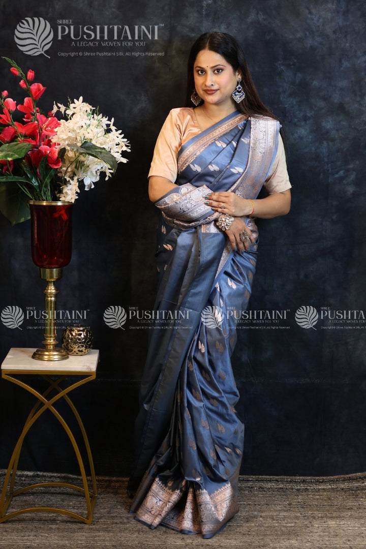Grey Banarasi Mashru Silk Saree
