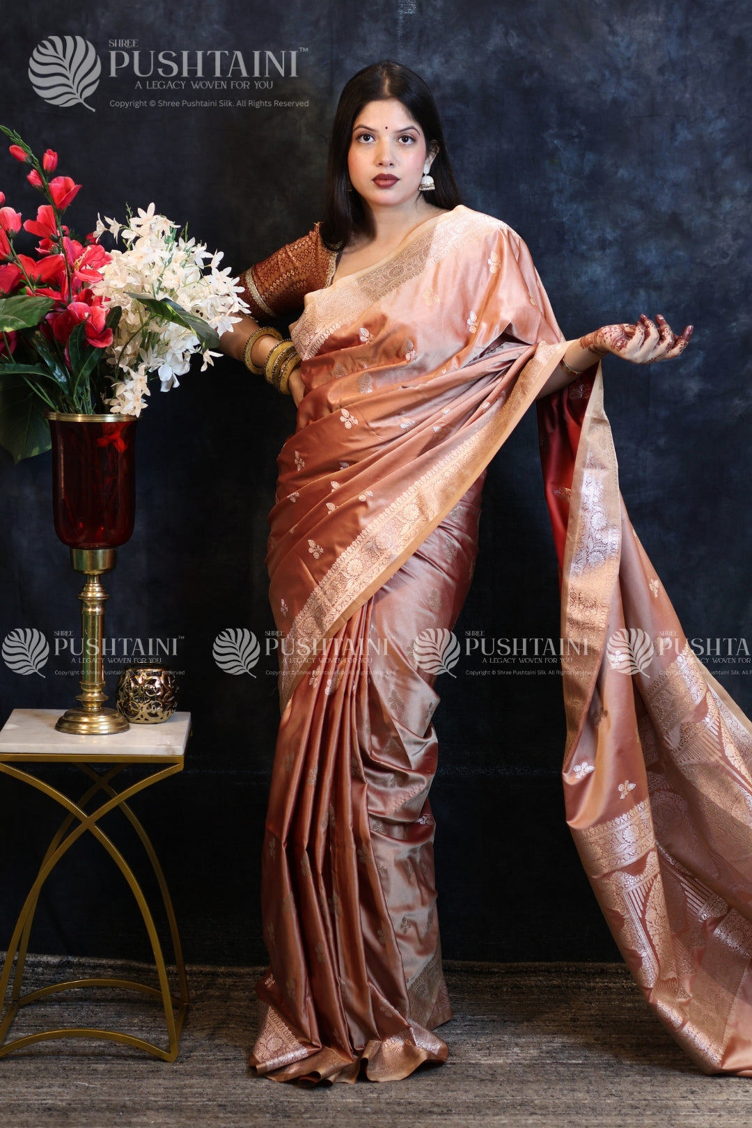 Peach Banarasi Mashru Silk Saree