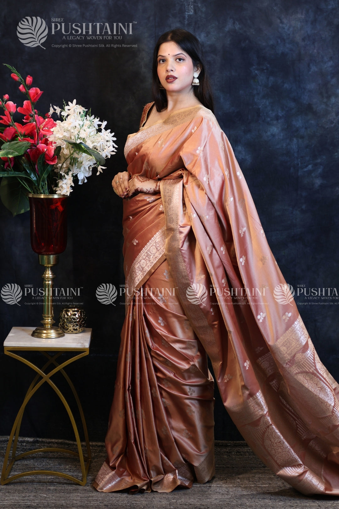 Peach Banarasi Mashru Silk Saree