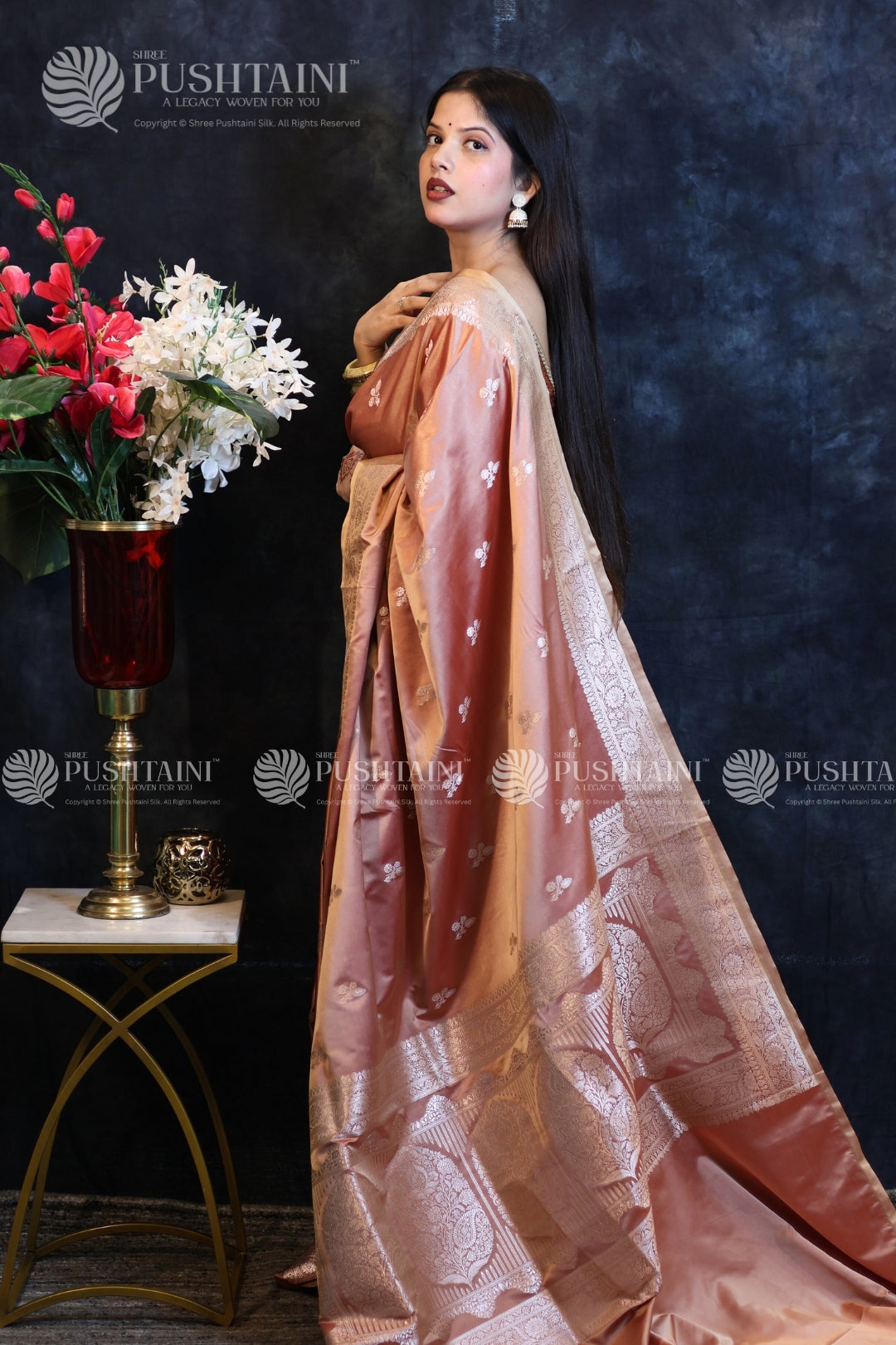 Peach Banarasi Mashru Silk Saree