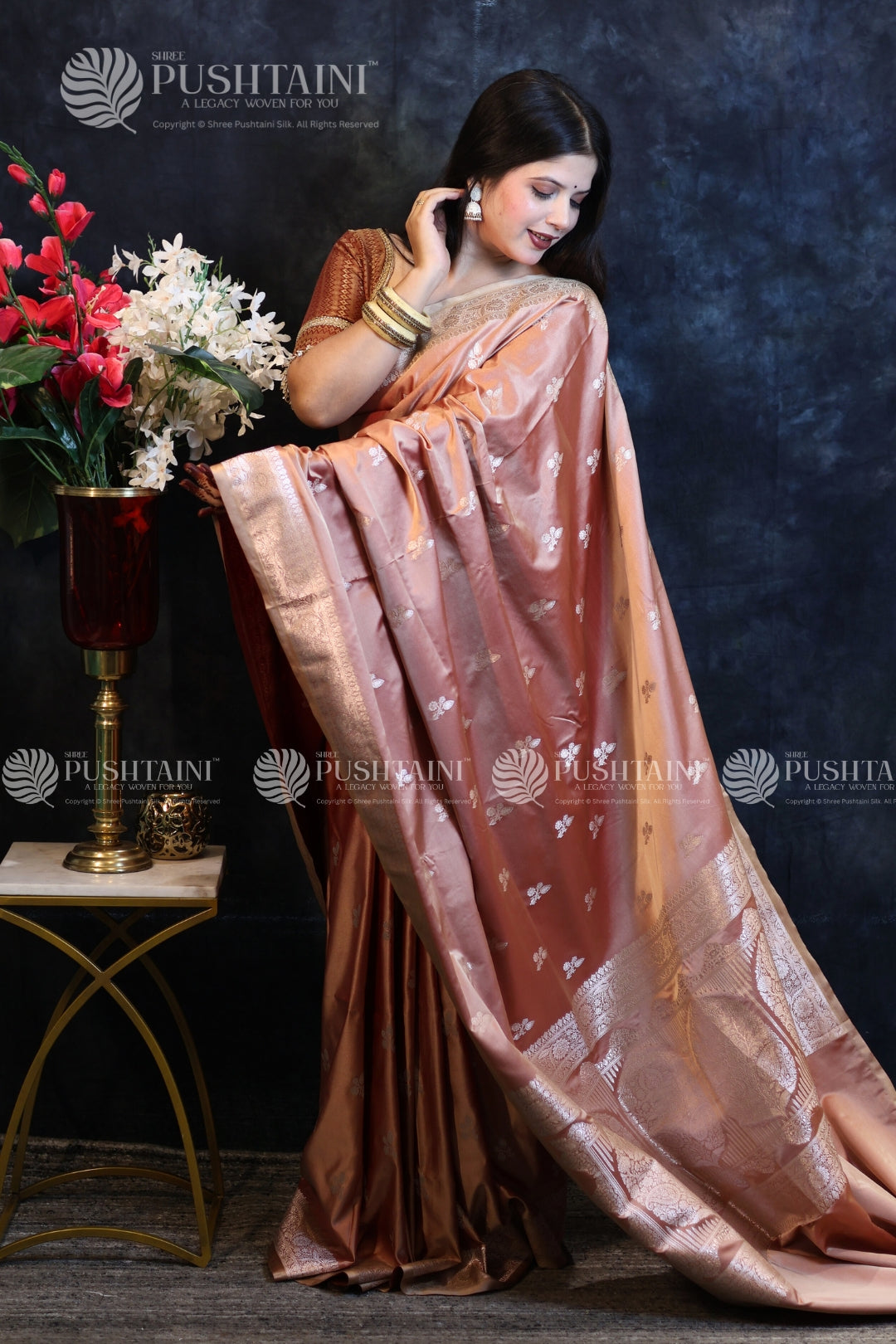 Peach Banarasi Mashru Silk Saree