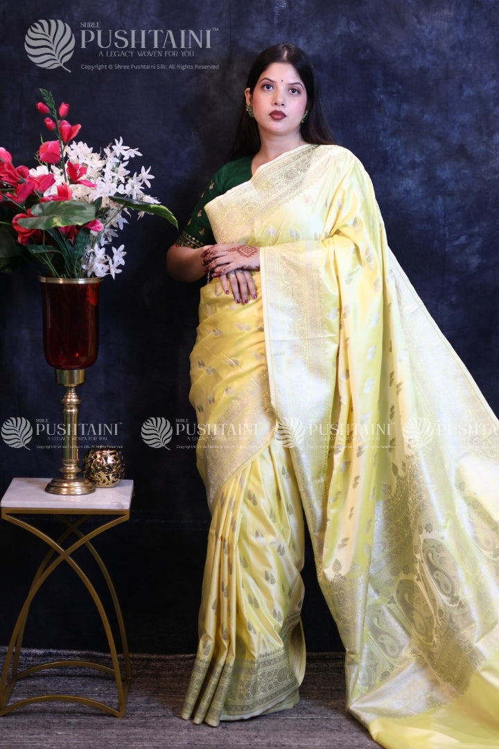 Yellow Banarasi Mashru Silk Saree