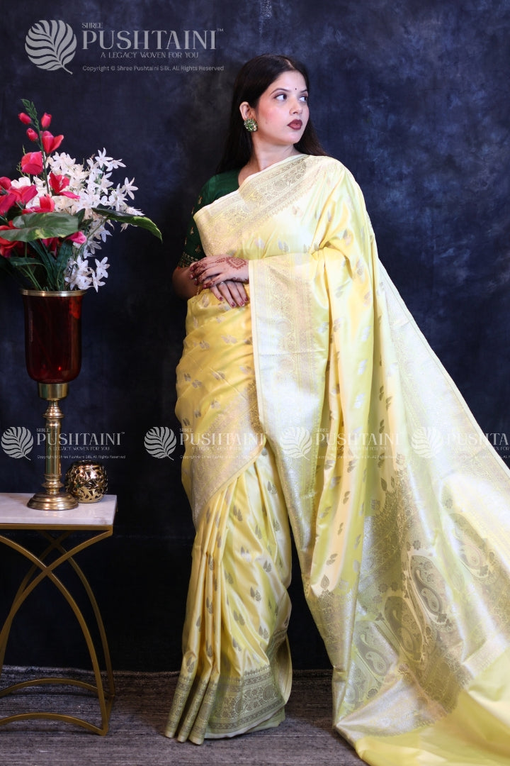 Yellow Banarasi Mashru Silk Saree
