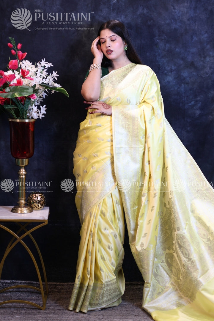 Yellow Banarasi Mashru Silk Saree