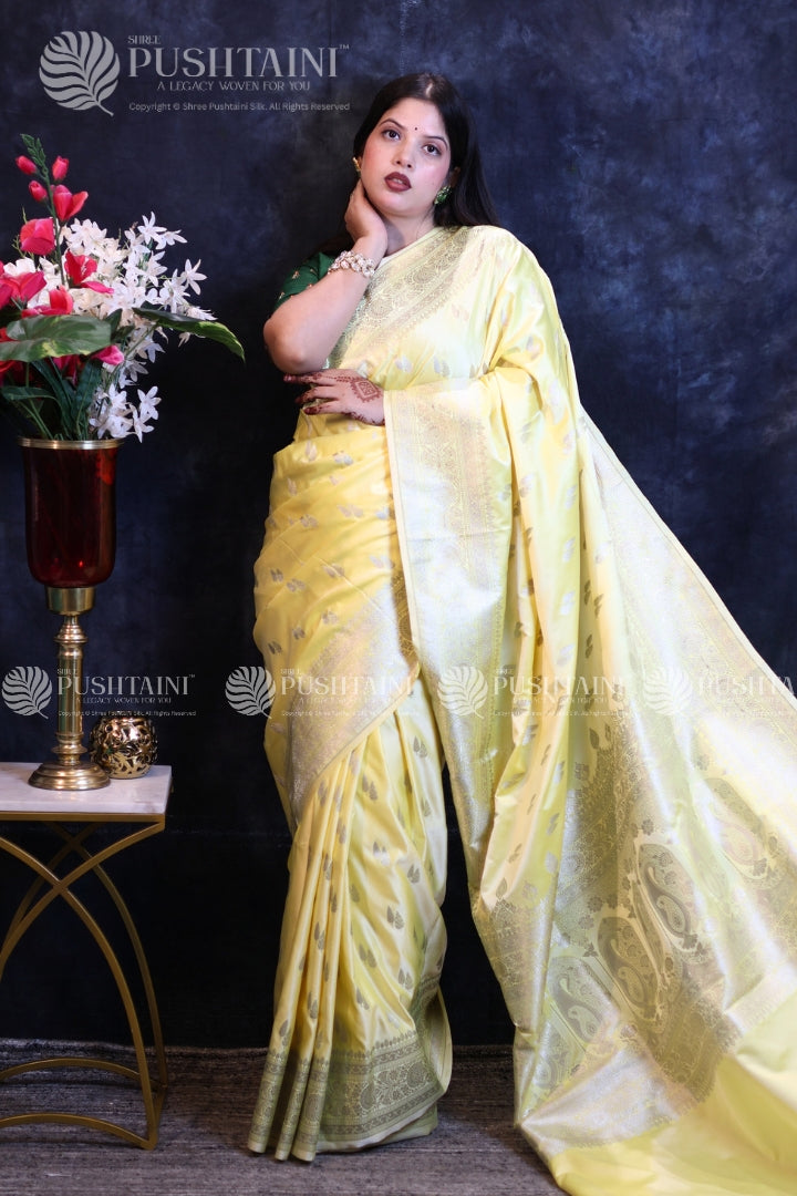 Yellow Banarasi Mashru Silk Saree