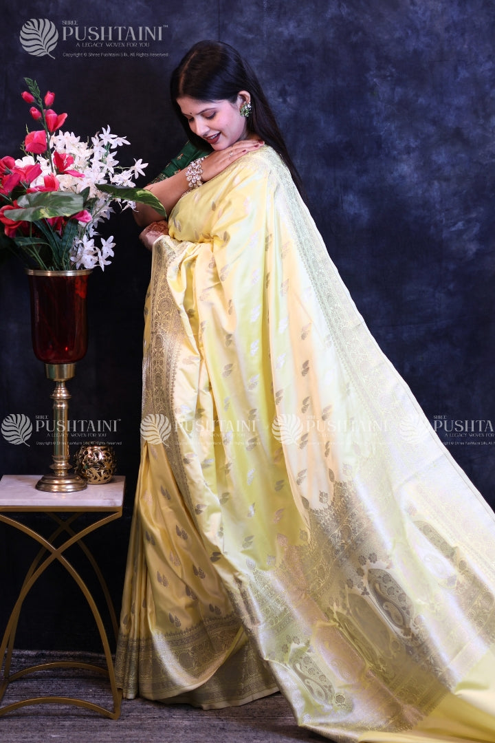 Yellow Banarasi Mashru Silk Saree