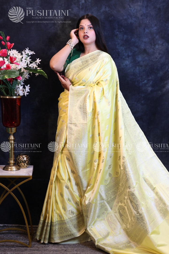 Yellow Banarasi Mashru Silk Saree