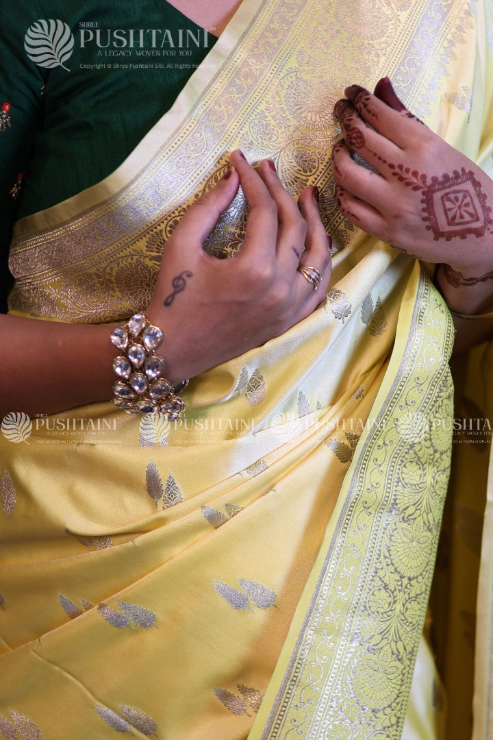 Yellow Banarasi Mashru Silk Saree