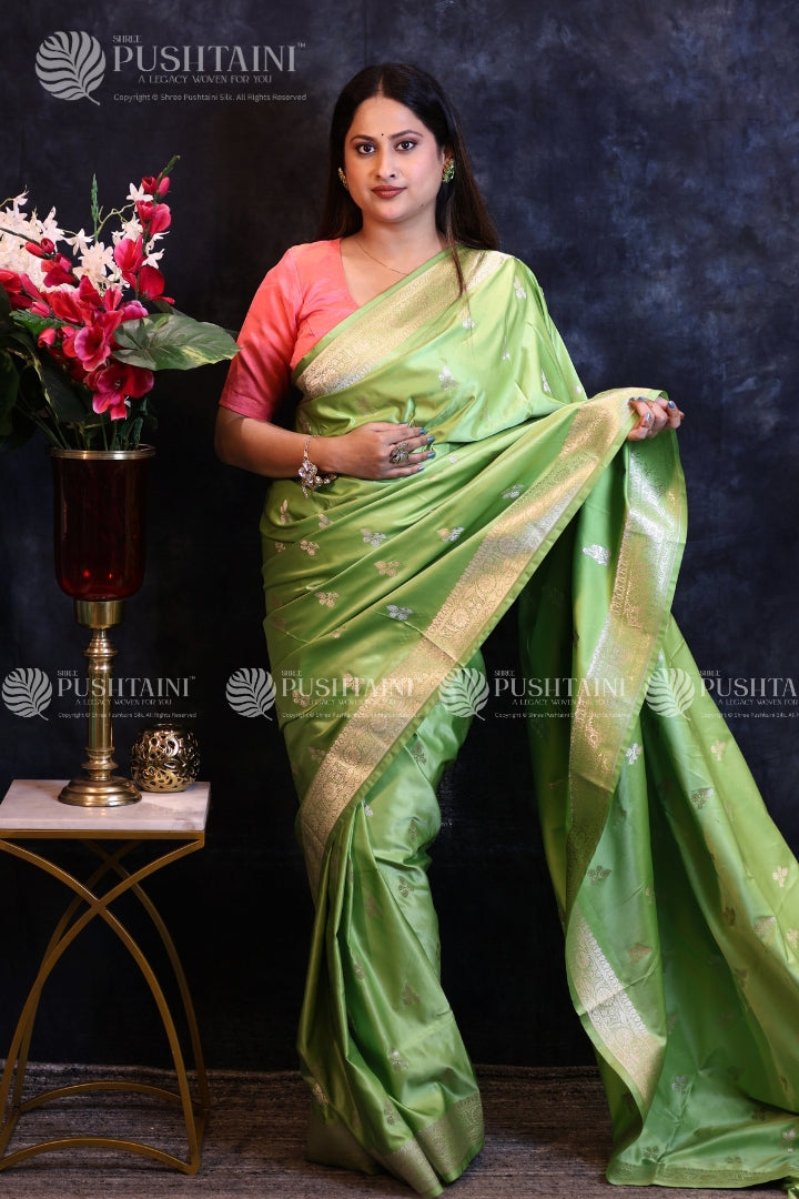 Pista Green Banarasi Mashru Silk Saree