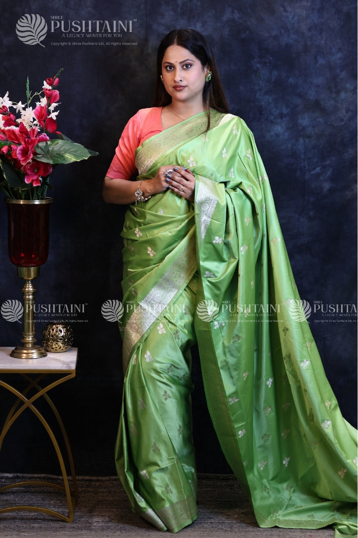Pista Green Banarasi Mashru Silk Saree