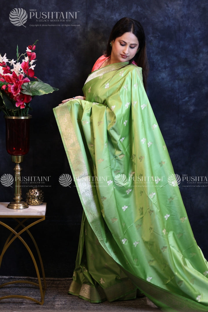 Pista Green Banarasi Mashru Silk Saree