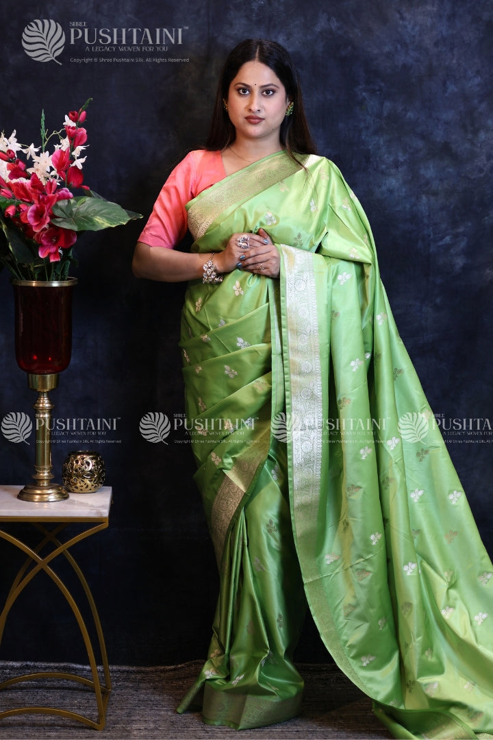 Pista Green Banarasi Mashru Silk Saree