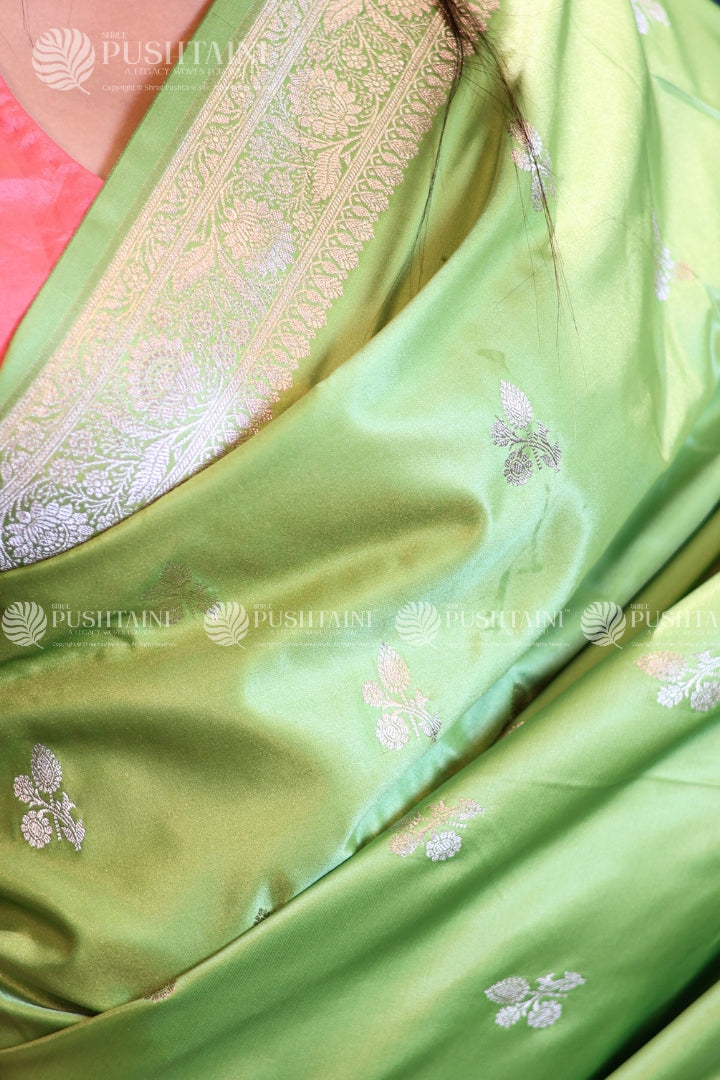 Pista Green Banarasi Mashru Silk Saree