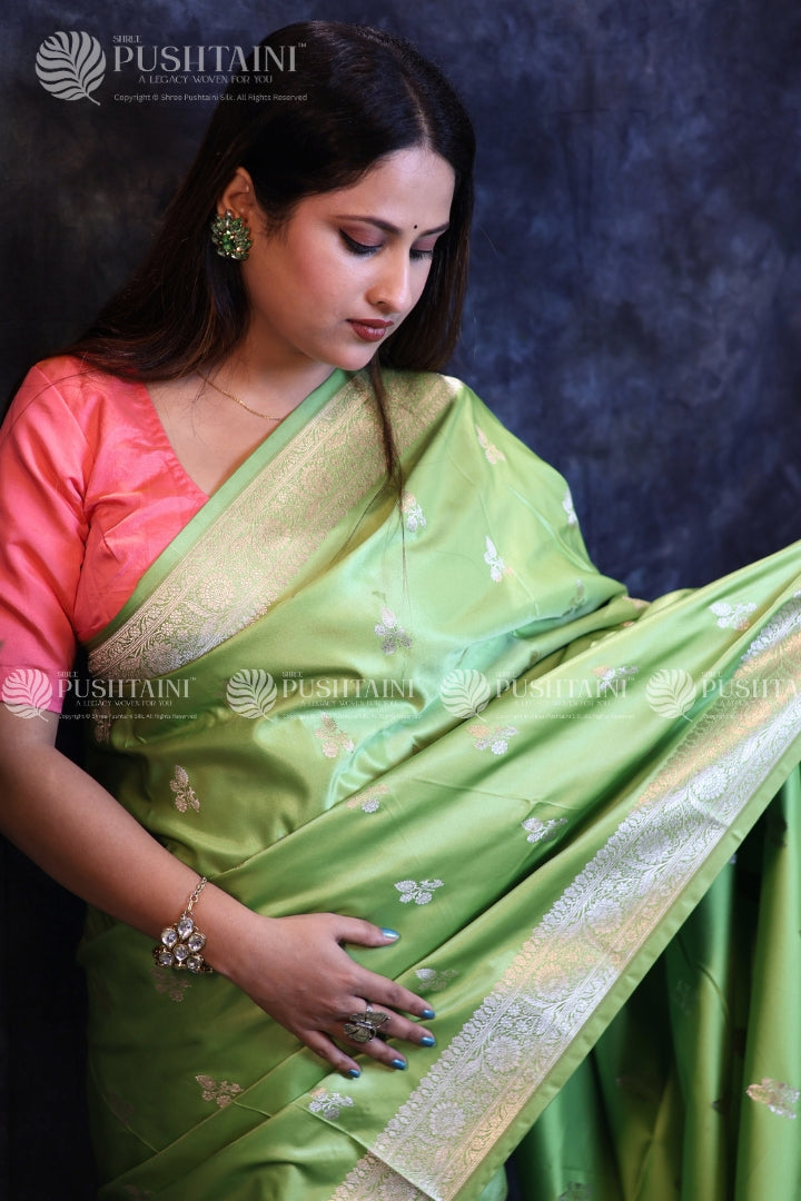 Pista Green Banarasi Mashru Silk Saree