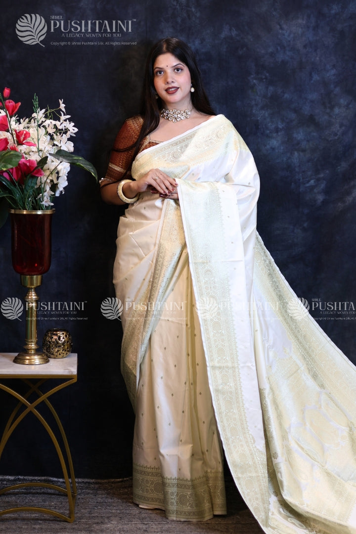 Cream Banarasi Mashru Silk Saree