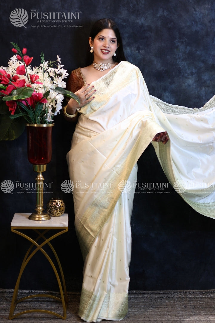 Cream Banarasi Mashru Silk Saree