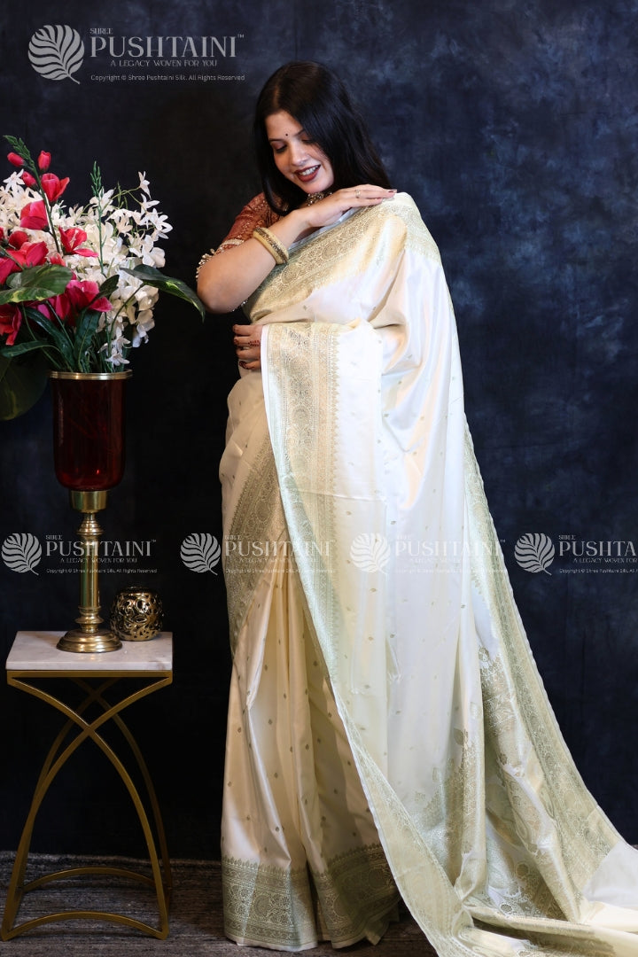 Cream Banarasi Mashru Silk Saree