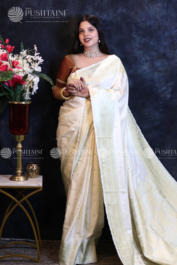 Cream Banarasi Mashru Silk Saree