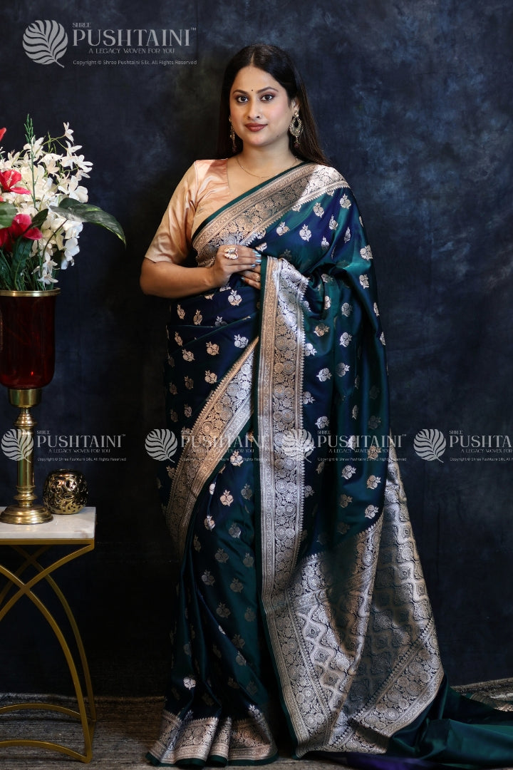Peacock Blue Banarasi Mashru Silk Saree