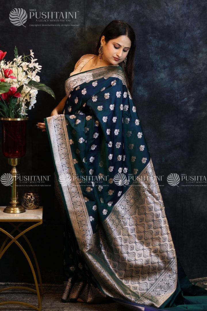 Peacock Blue Banarasi Mashru Silk Saree