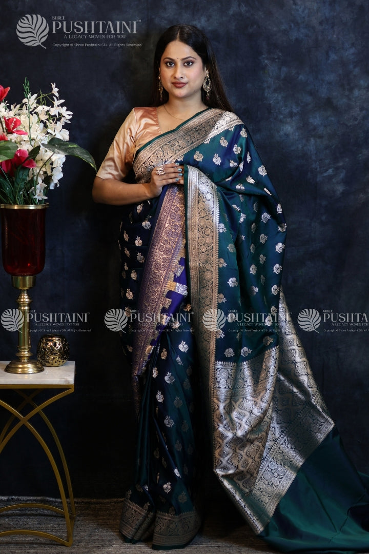 Peacock Blue Banarasi Mashru Silk Saree