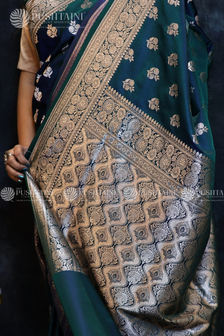 Peacock Blue Banarasi Mashru Silk Saree