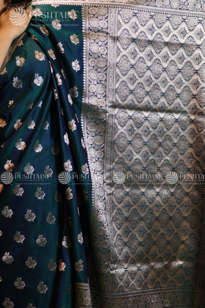 Peacock Blue Banarasi Mashru Silk Saree