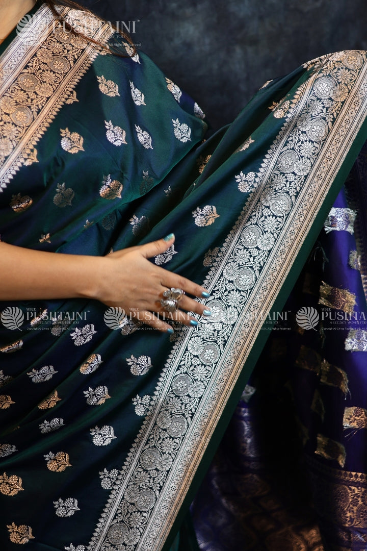 Peacock Blue Banarasi Mashru Silk Saree
