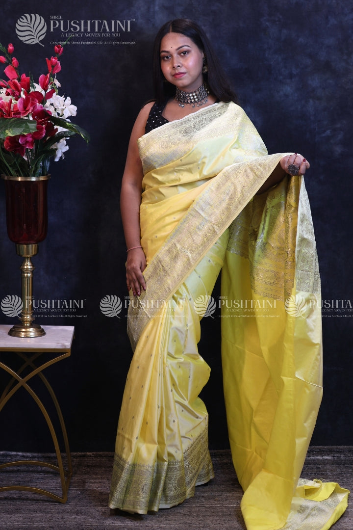 Yellow Banarasi Mashru Silk Saree