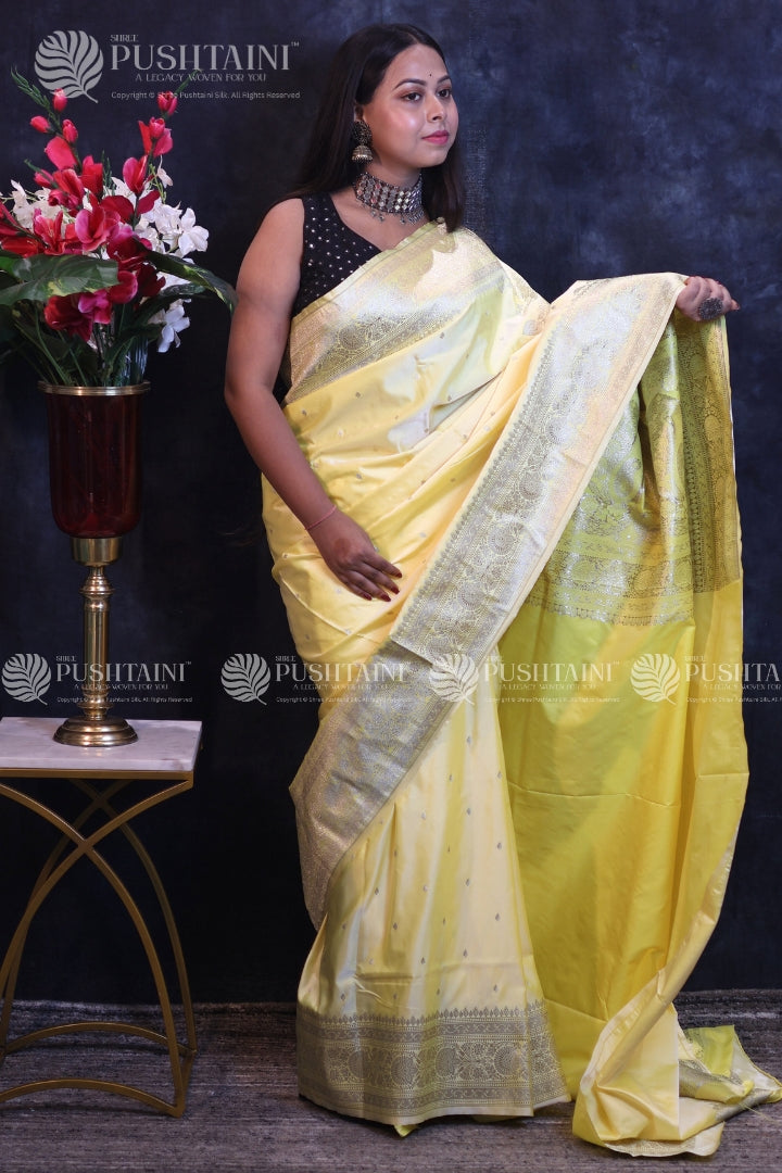 Yellow Banarasi Mashru Silk Saree