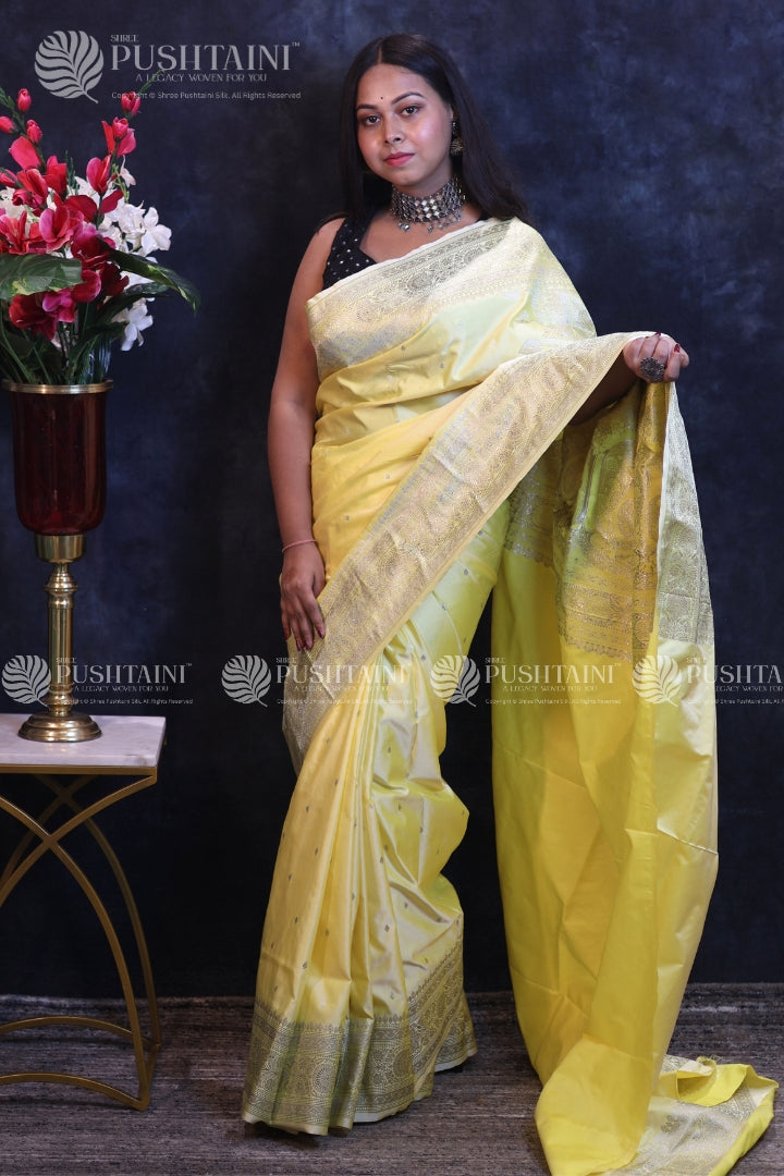 Yellow Banarasi Mashru Silk Saree
