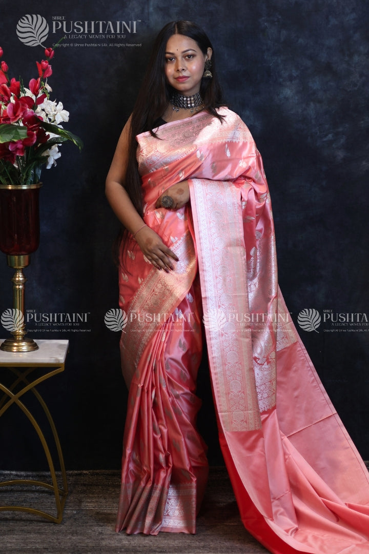 Peach Banarasi Mashru Silk Saree