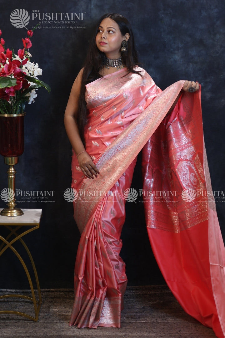 Peach Banarasi Mashru Silk Saree