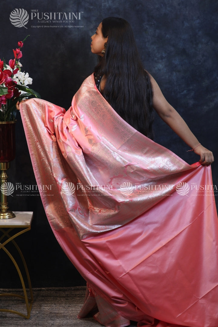 Peach Banarasi Mashru Silk Saree