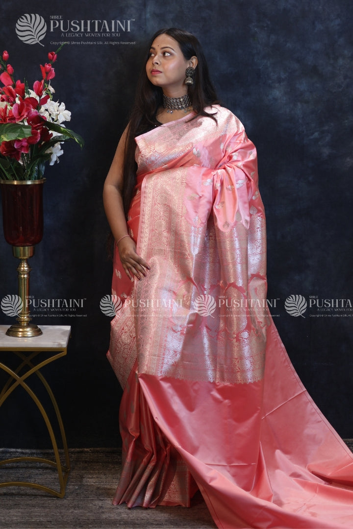 Peach Banarasi Mashru Silk Saree