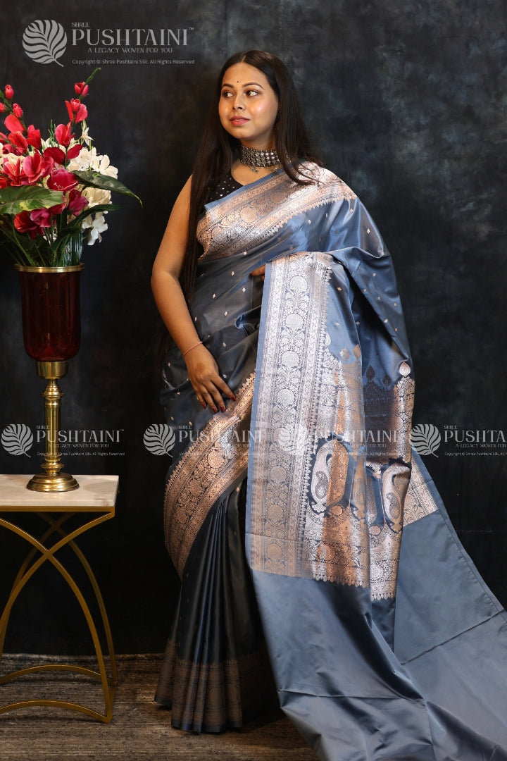 Grey Colour Banarasi Mashru Silk Saree
