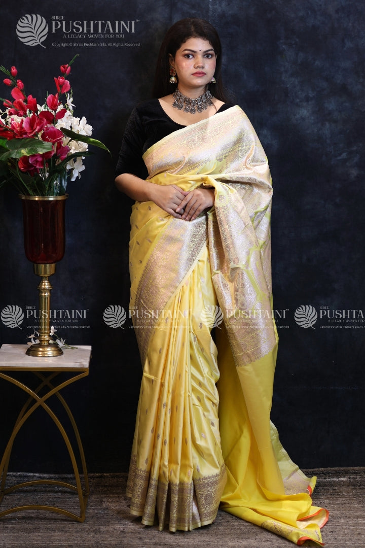 Yellow Colour Banarasi Mashru Silk Saree