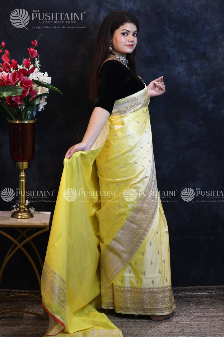 Yellow Colour Banarasi Mashru Silk Saree