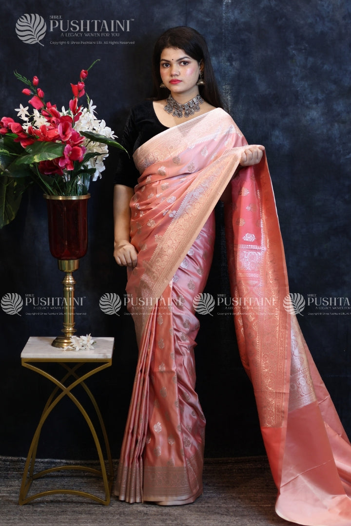 Peach Banarasi Mashru Silk Saree