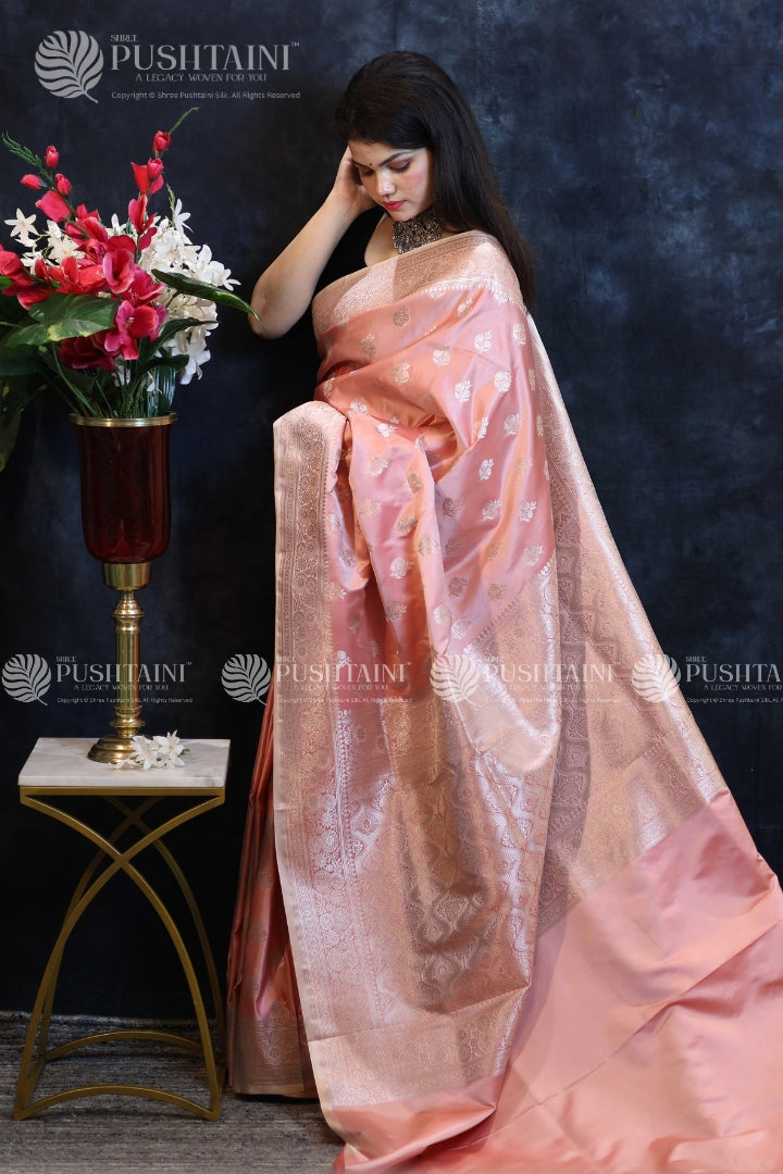 Peach Banarasi Mashru Silk Saree