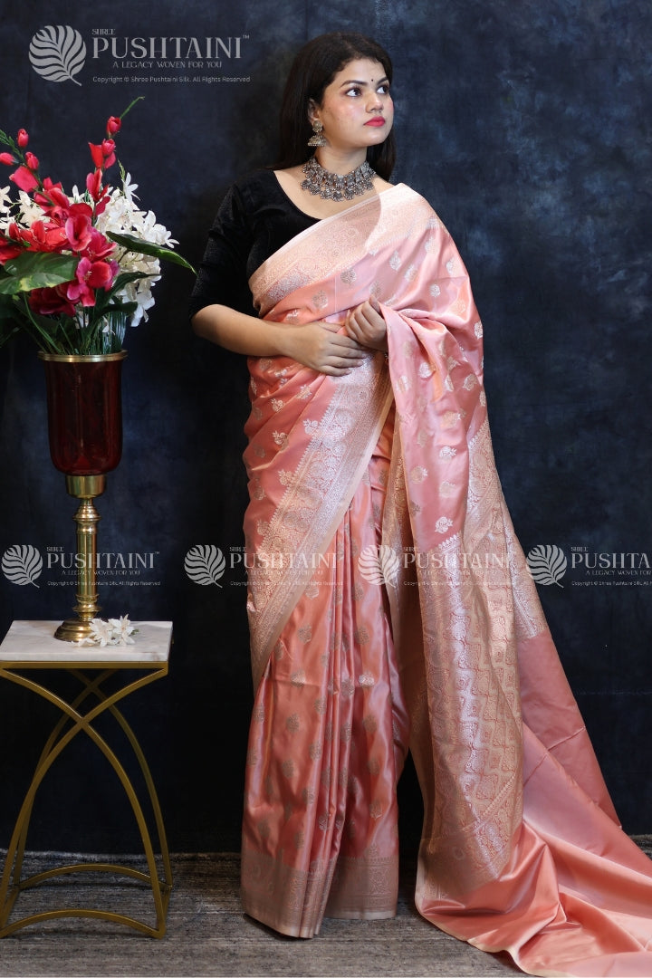 Peach Banarasi Mashru Silk Saree