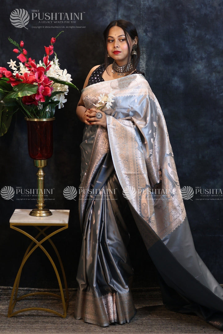 Grey Colour Banarasi Mashru Silk Saree