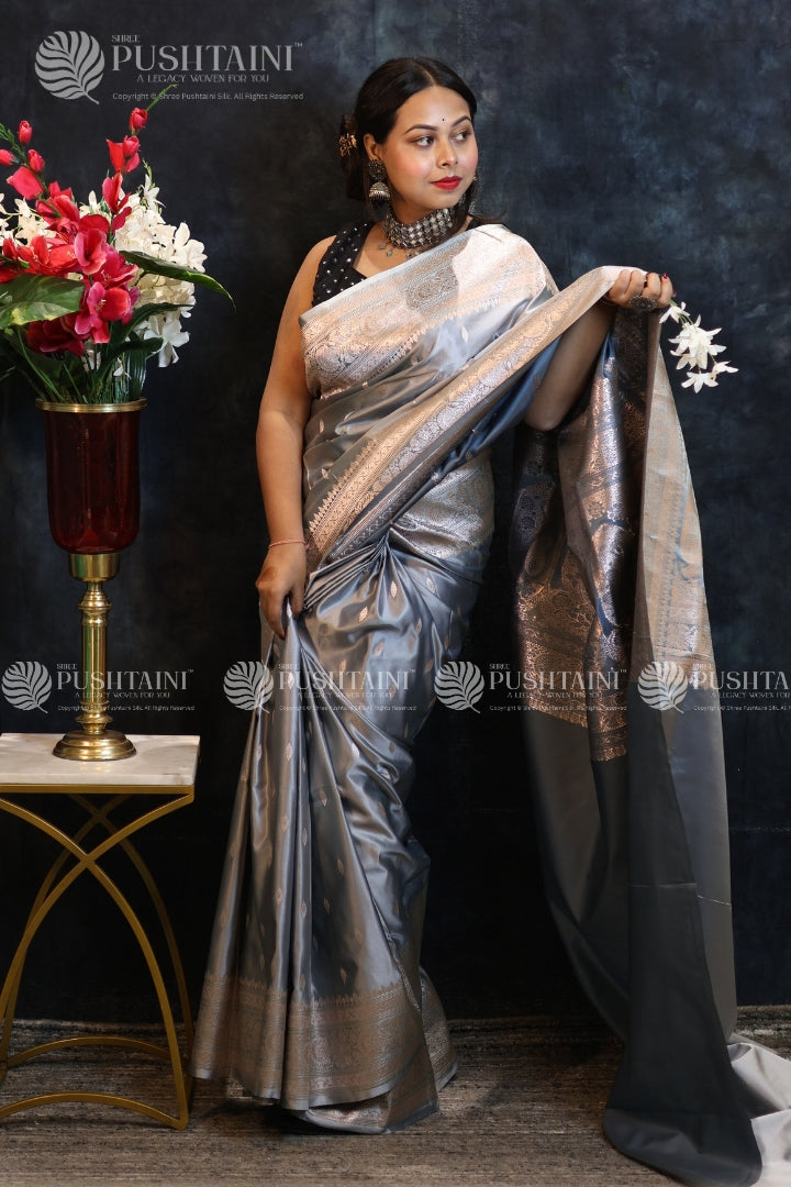 Grey Colour Banarasi Mashru Silk Saree