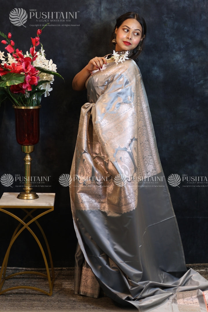 Grey Colour Banarasi Mashru Silk Saree