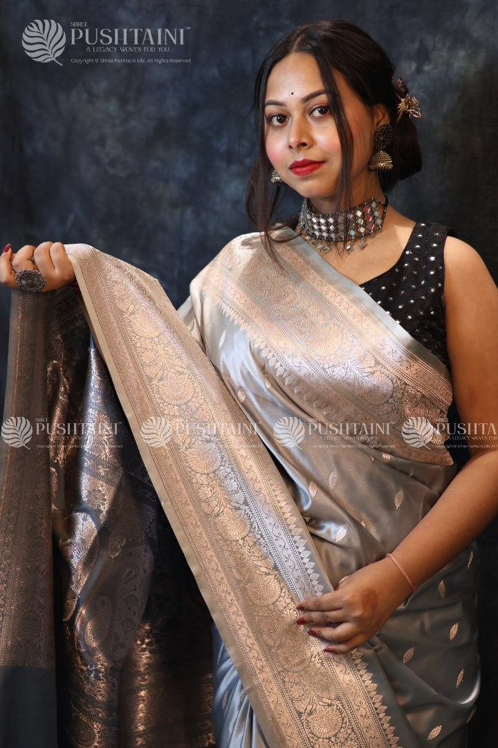 Grey Colour Banarasi Mashru Silk Saree
