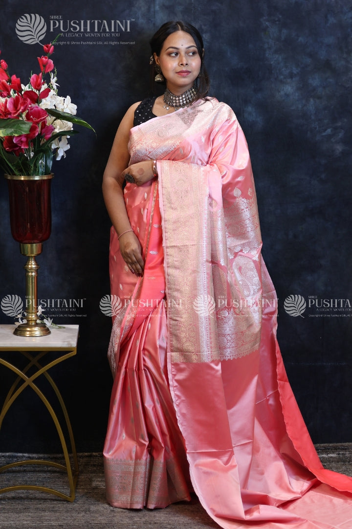 Baby Pink Colour Banarasi Mashru Silk Saree