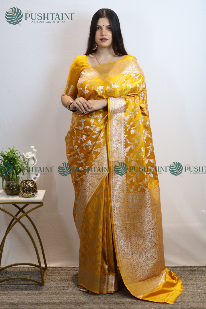 Mustard Colour Banarasi Mashru Silk Jaal work Saree