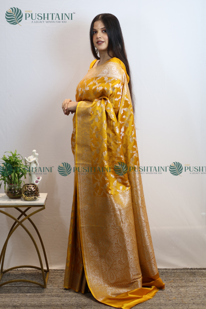 Mustard Colour Banarasi Mashru Silk Jaal work Saree