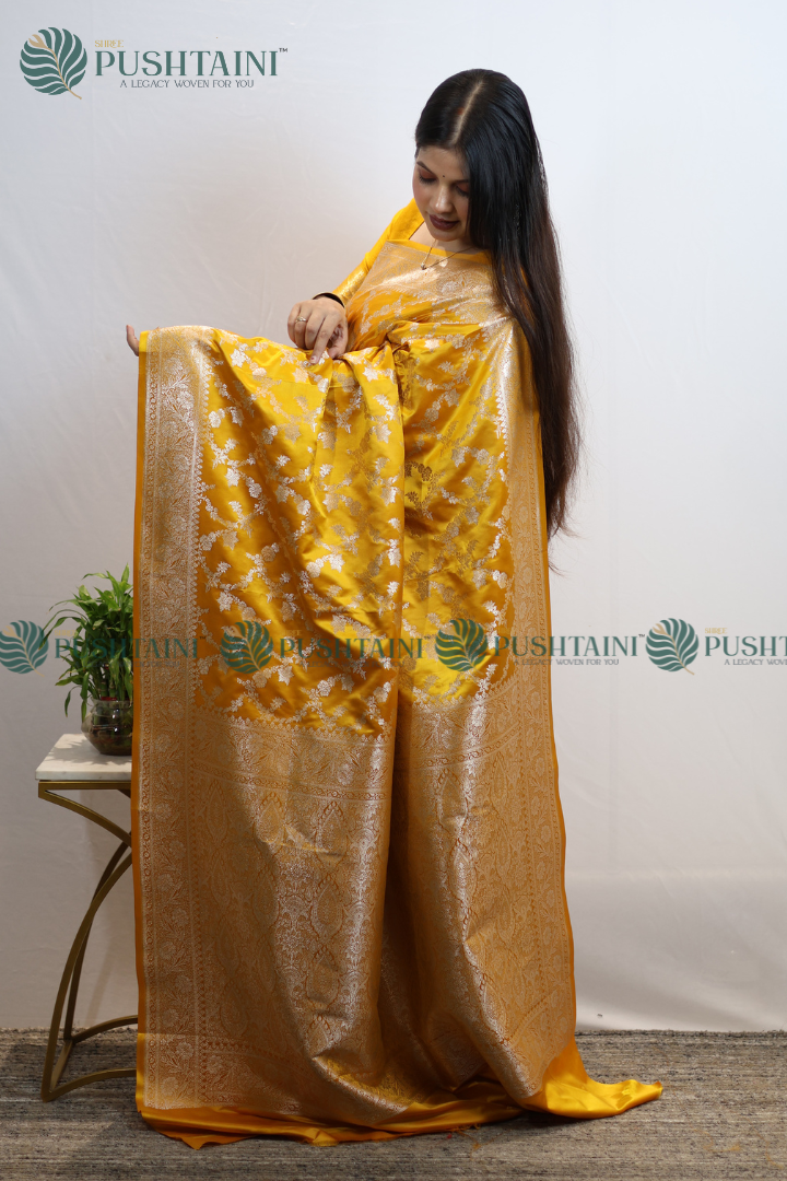 Mustard Colour Banarasi Mashru Silk Jaal work Saree